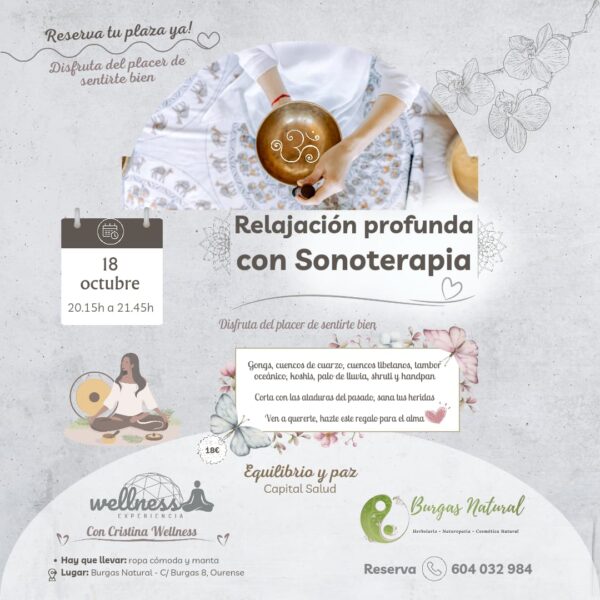 Poster con información sobre una sesión de relajación profunda con Sonoterapia en Ourense. Frases sobre salud mental, relajación y bienestar.